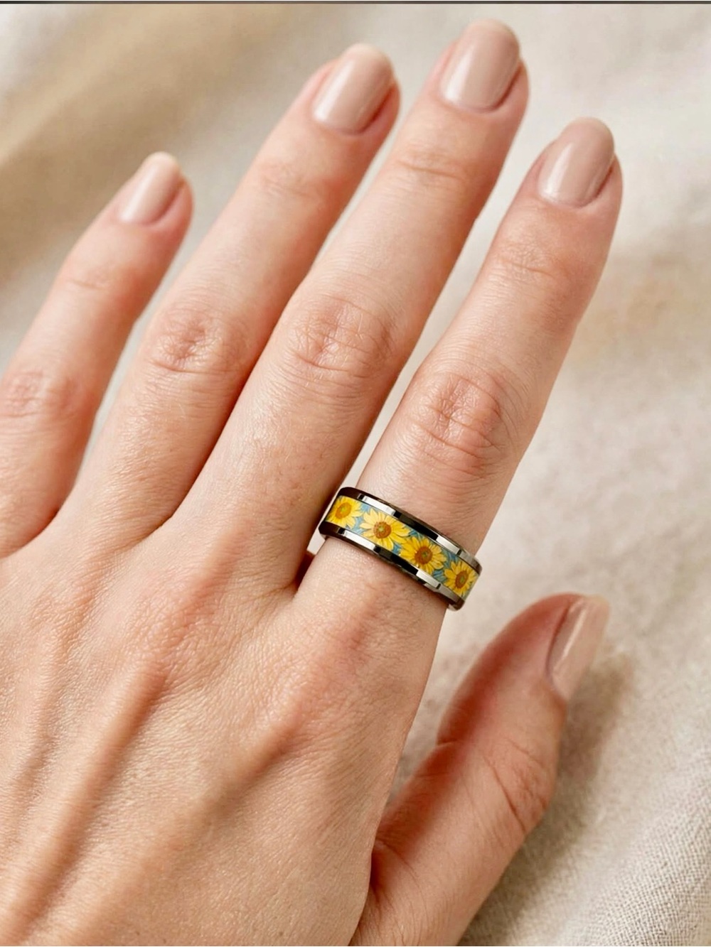 Sunflower 6mm Band Ring - Yellow Floral Stainless Steel